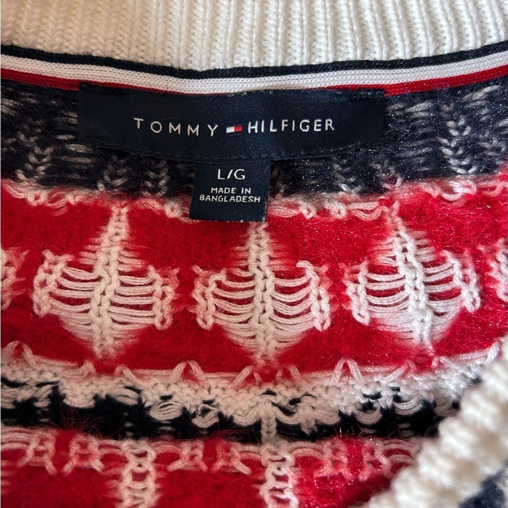 Womens Tommy Hilfiger Fair Isle Cable Knit Ski Sweater White Red Logo Size Large - Picture 2 of 12
